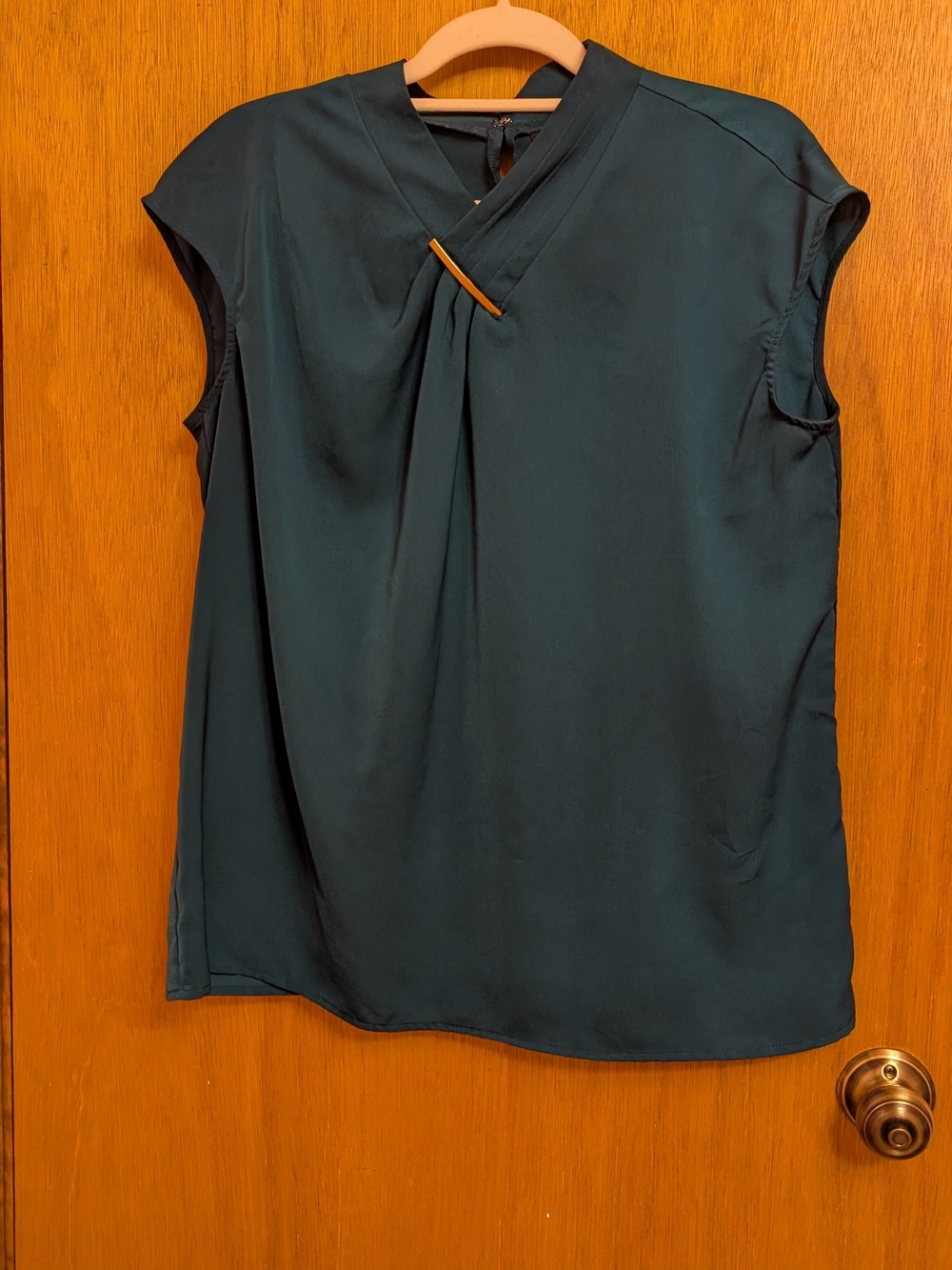 Worthington Teal Sleeveless Faux-Wrap Blouse with Accent Bar